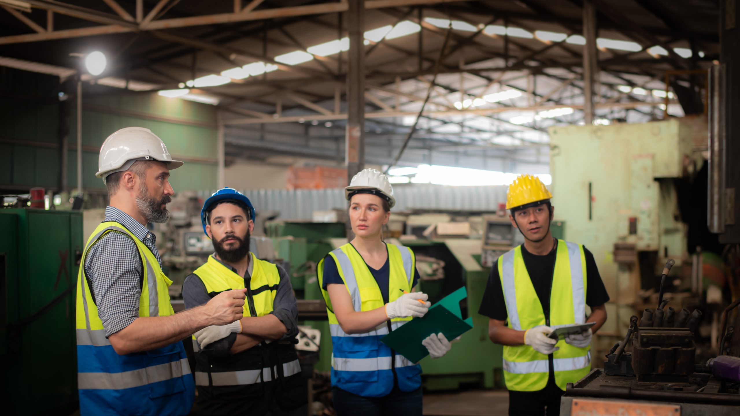 Professional Caucasian manager engineer in safety uniform is tra